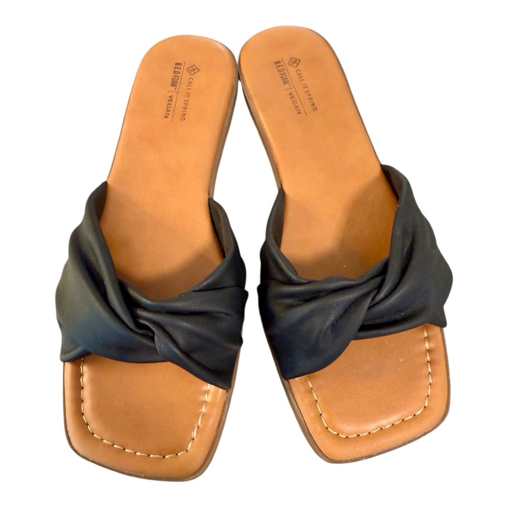 Call It Spring Black and Tan Slide Sandals with Knotted Design